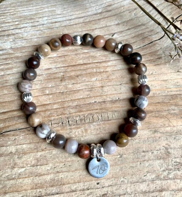 Bracelet Elipse argenté en pierres naturelles Bois Fossile