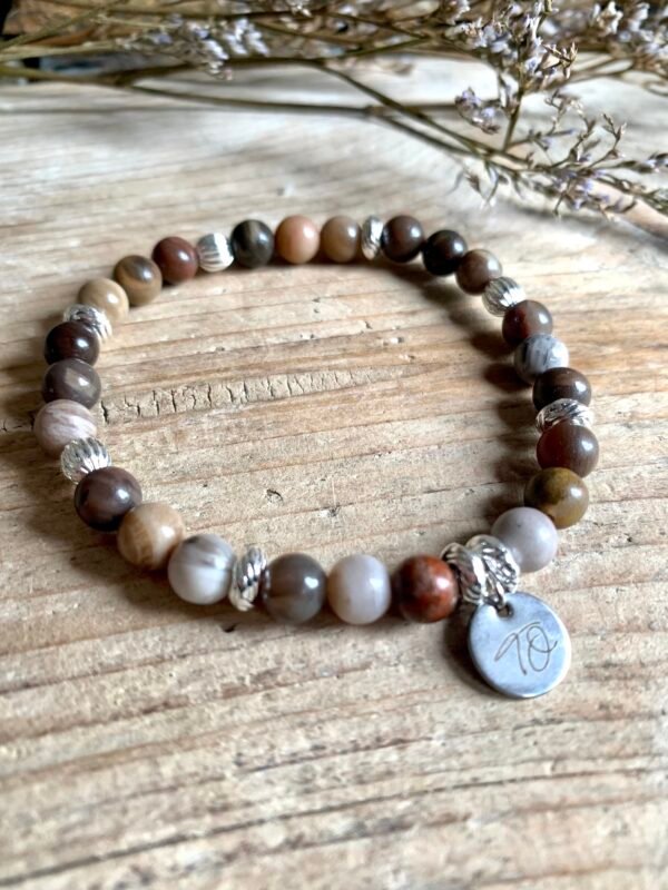 Bracelet Elipse argenté en pierres naturelles Bois Fossile – Image 2
